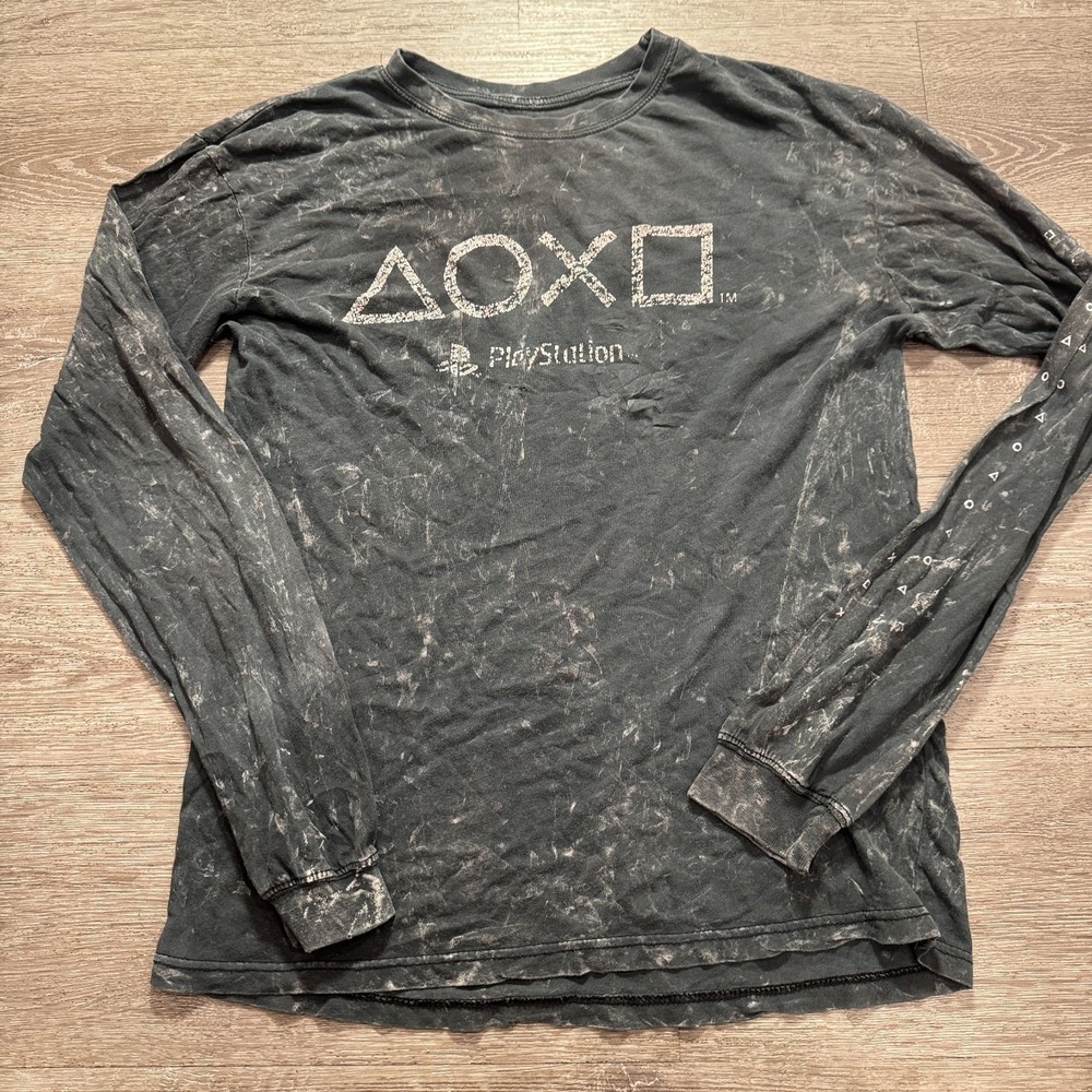 PlayStation Shirt Mens Large Gray Acid Wash Cotton Long Sleeve Graphic Gamer Tee